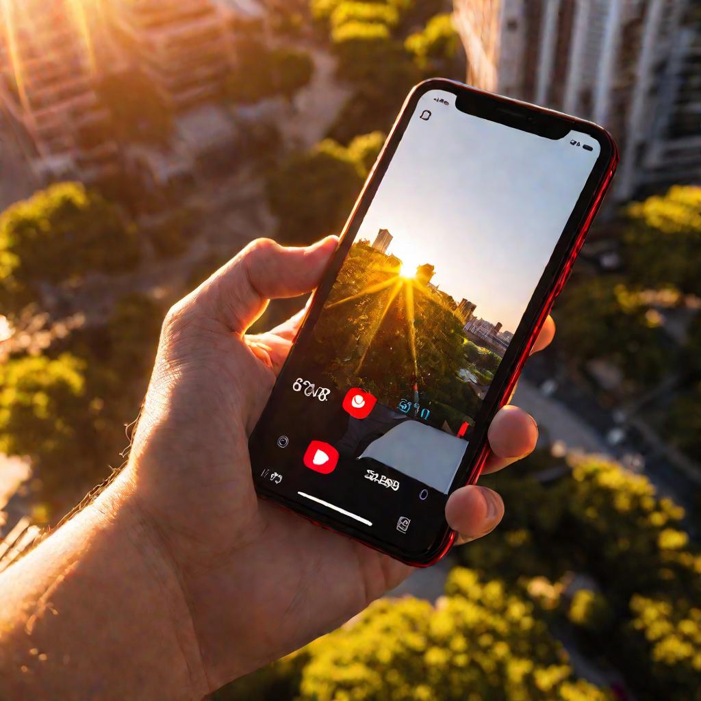 Телефон с приложением Премьер на фоне зданий