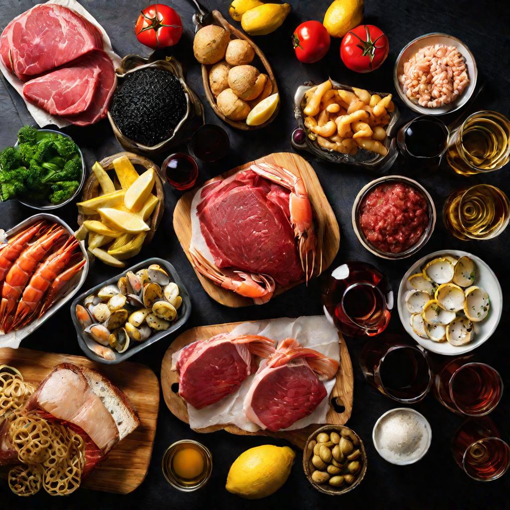 Вид сверху на различные продукты на столе - жирное красное мясо, морепродукты, алкоголь и газировка. Освещение темное и мрачное, создает агрессивное настроение. Это факторы риска развития подагры, которые следует ограничить в рационе