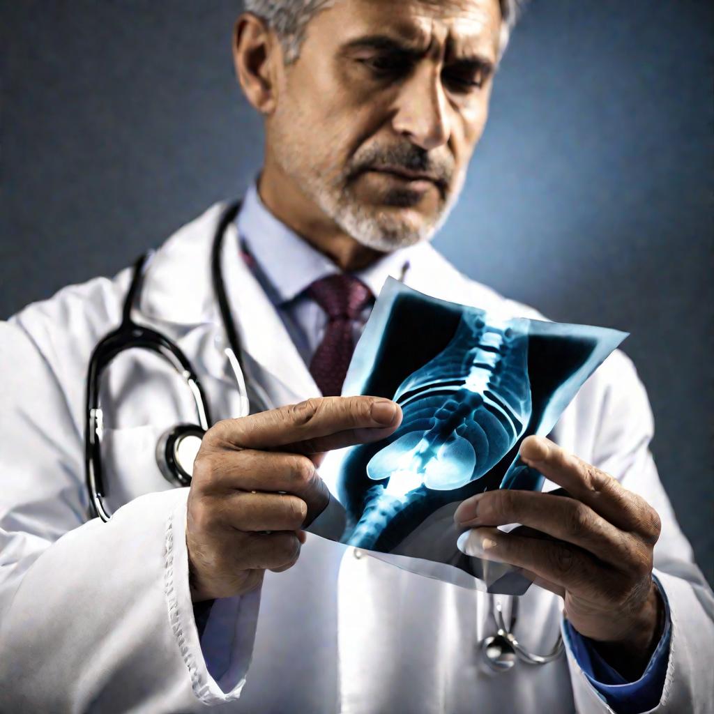 Врач в белом халате держит рентгеновский снимок стопы, демонстрируя разрушение костей и отек мягких тканей, характерные для хронической подагры