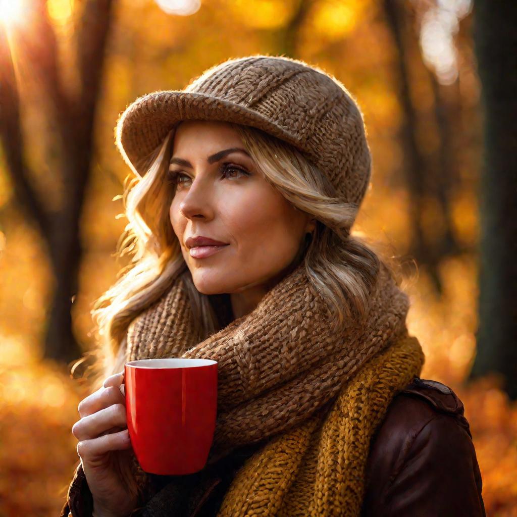 Портрет женщины 30 лет с чашкой чая на фоне осеннего леса