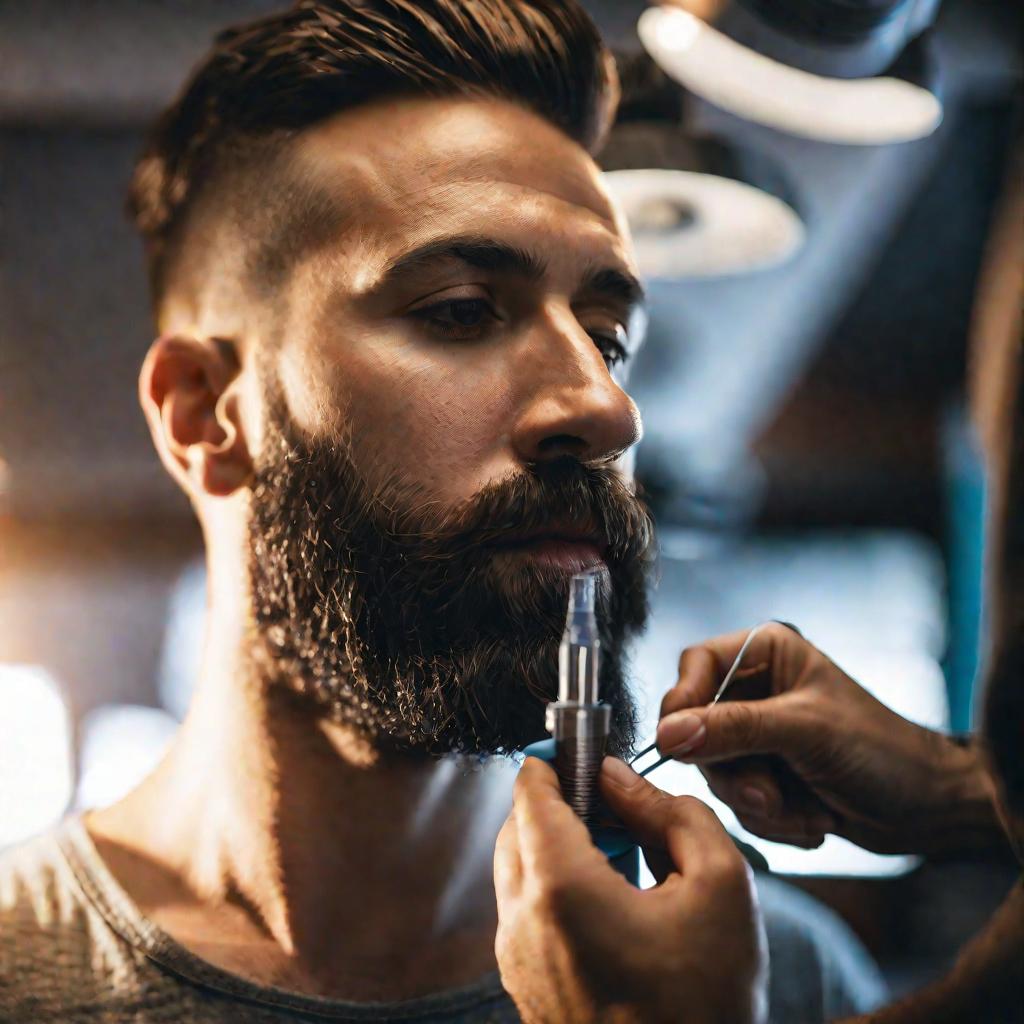 Портрет бородатого мужчины-хипстера, проходящего процедуру инъекций для лечения лысин в бороде.