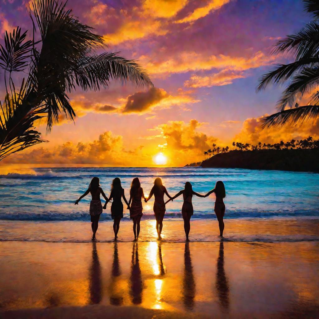 Женские силуэты на песчаном пляже держатся за руки на фоне тропического заката, расслабленно дышат, испытывая облегчение