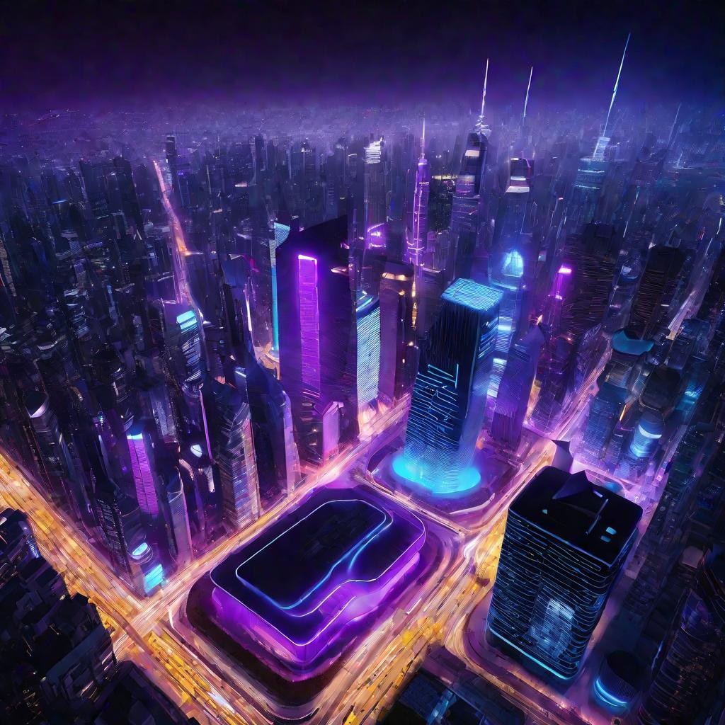 Ночной вид сверху на оживленный мегаполис с неоновой подсветкой небоскребов, уличным движением и толпами людей