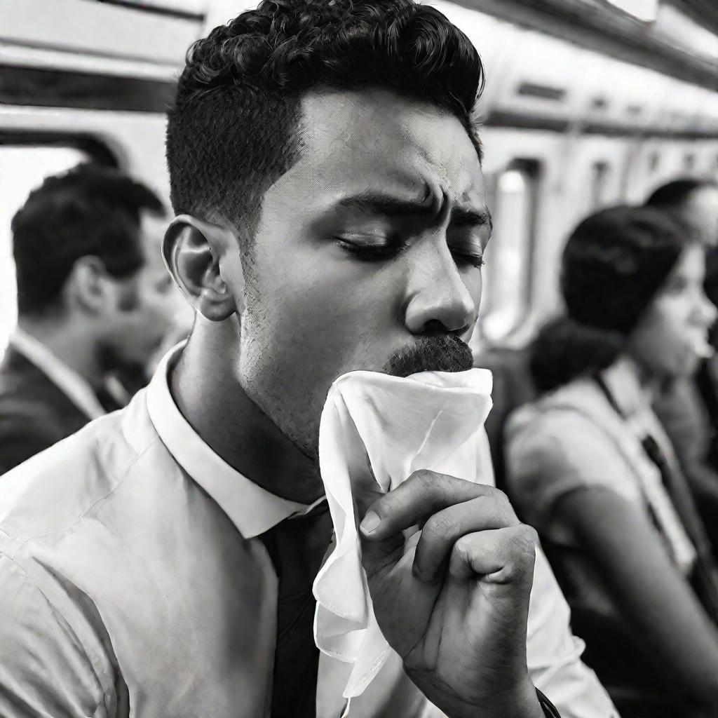 Молодой человек пытается сдержать кашель в переполненном утреннем поезде