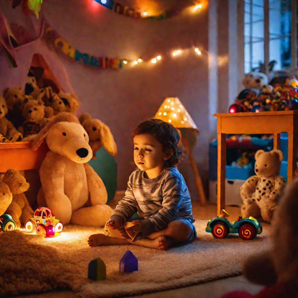 Ребенок играет на полу детской комнаты с игрушками перед сном при теплом свете лампы