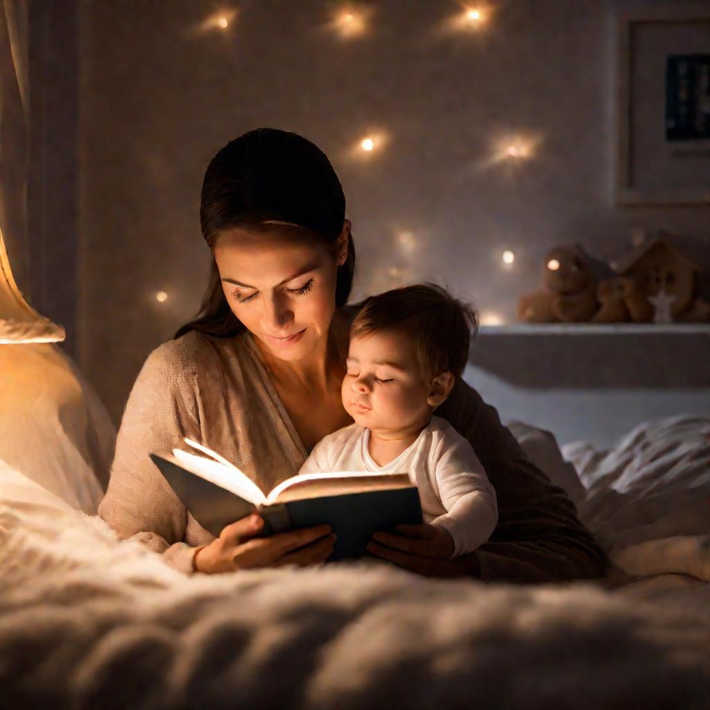 Мать читает сказку сыну перед сном, успокаивая его и укладывая спасть в теплой домашней атмосфере