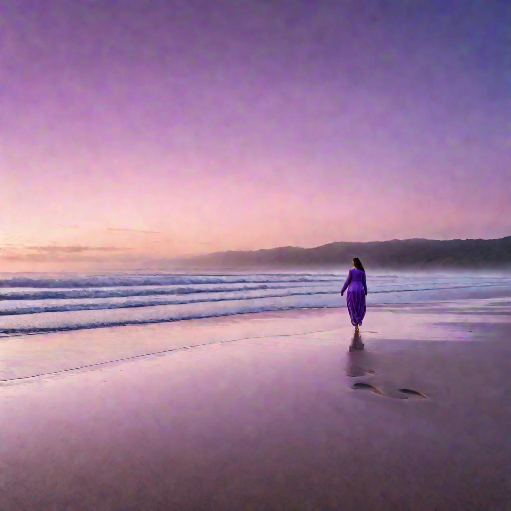 Широкий вид: одинокая беременная женщина идет по пустынному пляжу на рассвете