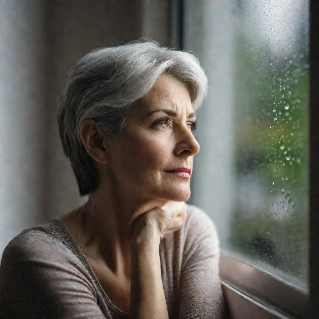 Женщина смотрит в окно после химиотерапии