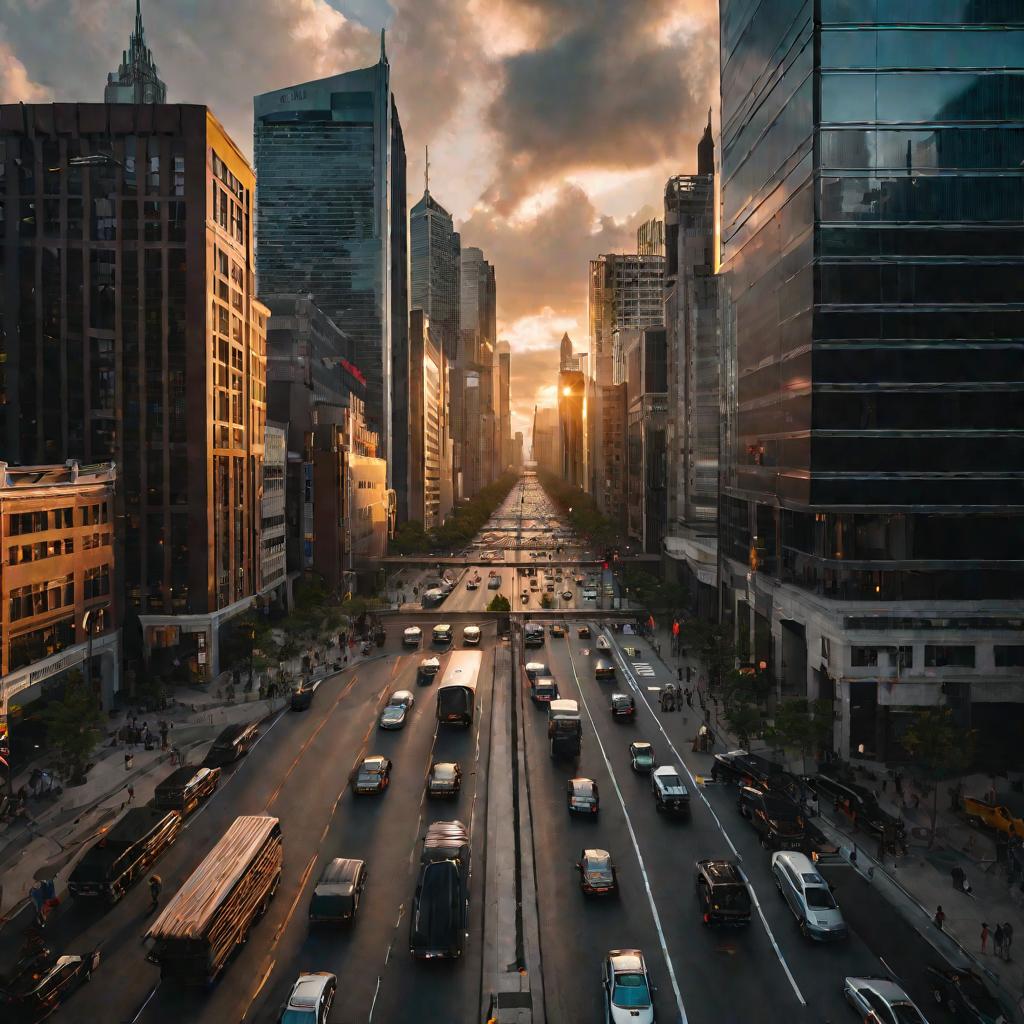 Вид с высоты на оживленную улицу современного города с небоскребами, транспортом и людьми на фоне облачного закатного неба.