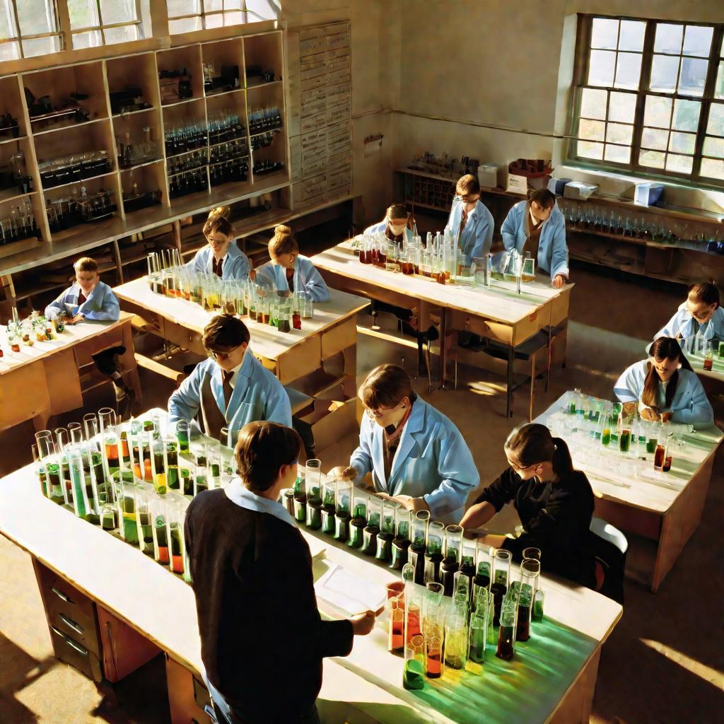 Вид сверху на химическую лабораторию осенью. Учитель объясняет степени окисления ученикам.