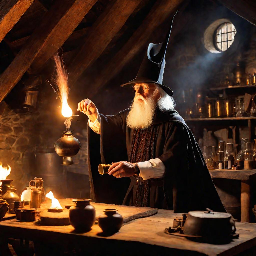 Широкий кадр исторической алхимической мастерской с волшебником у деревянного стола