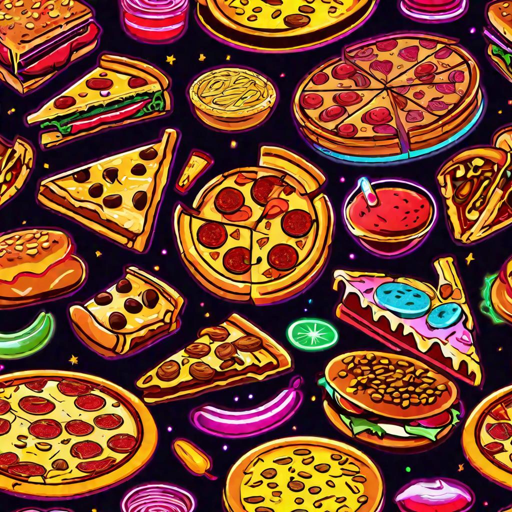 Крупным планом фастфуд: пицца, бургеры, картошка фри - все светится в неоновом свете