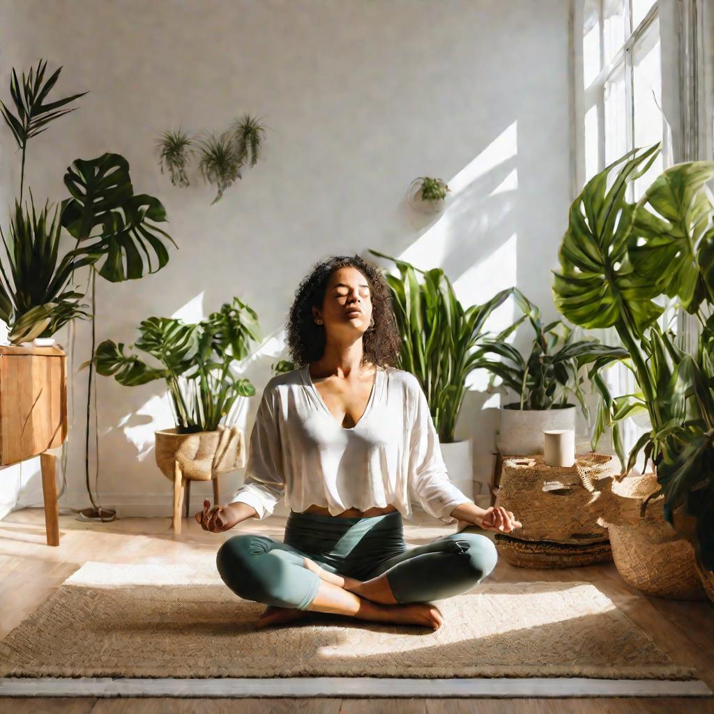 Женщина делает дыхательную медитацию дома