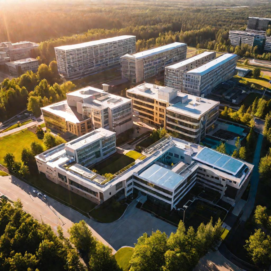 Вид сверху на современный госпитальный комплекс в летний солнечный день