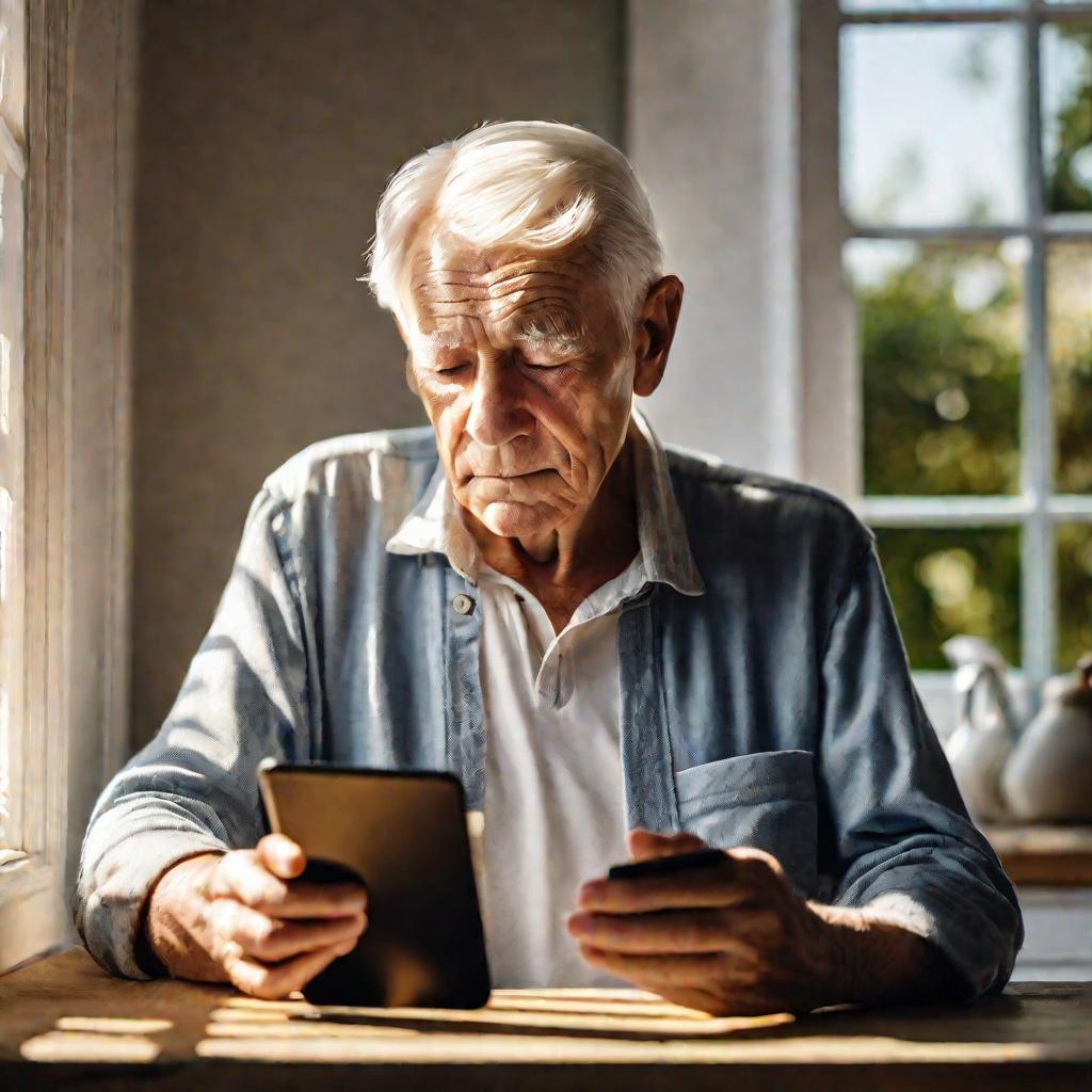 Пожилой мужчина держит таблетку витамина д3 возле стакана молока в кухне своего дома у окна ранним утром