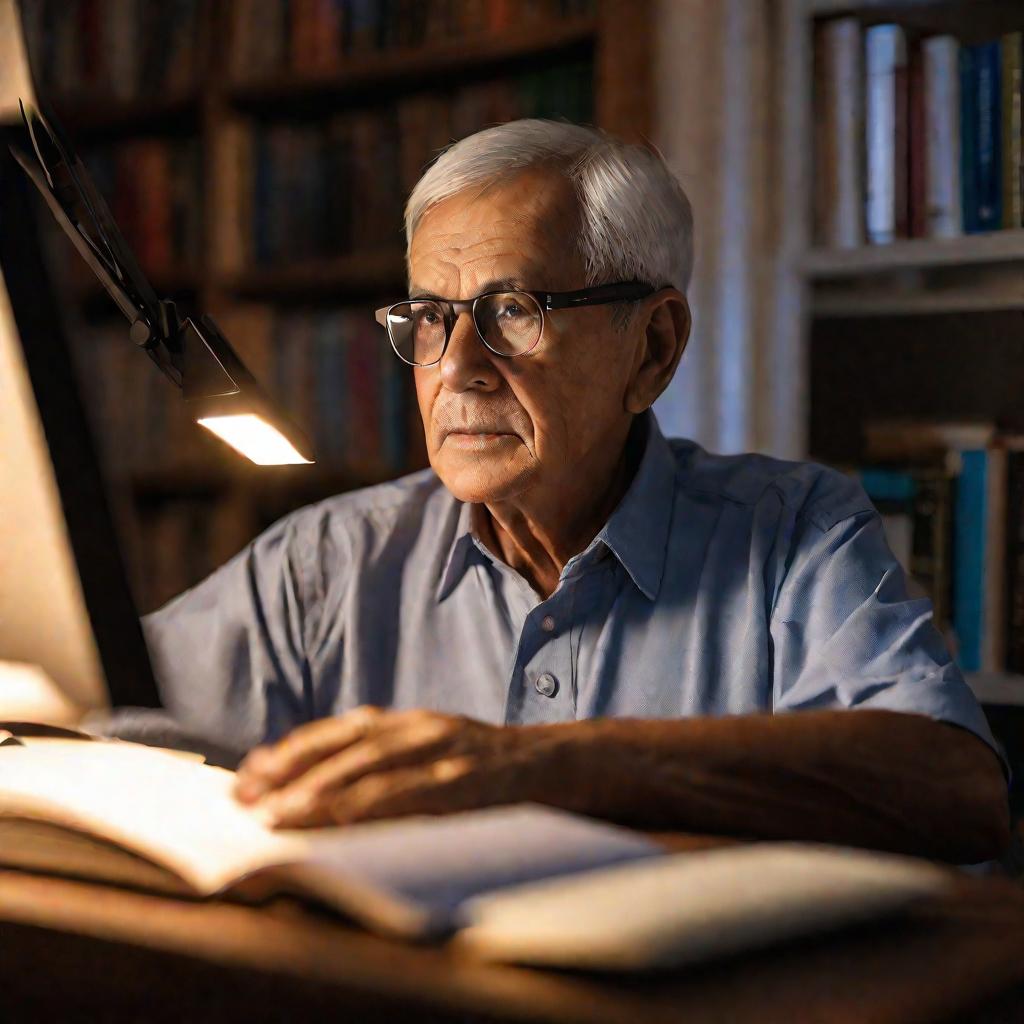 Пожилой мужчина в очках сидит за компьютером с экранным доступом