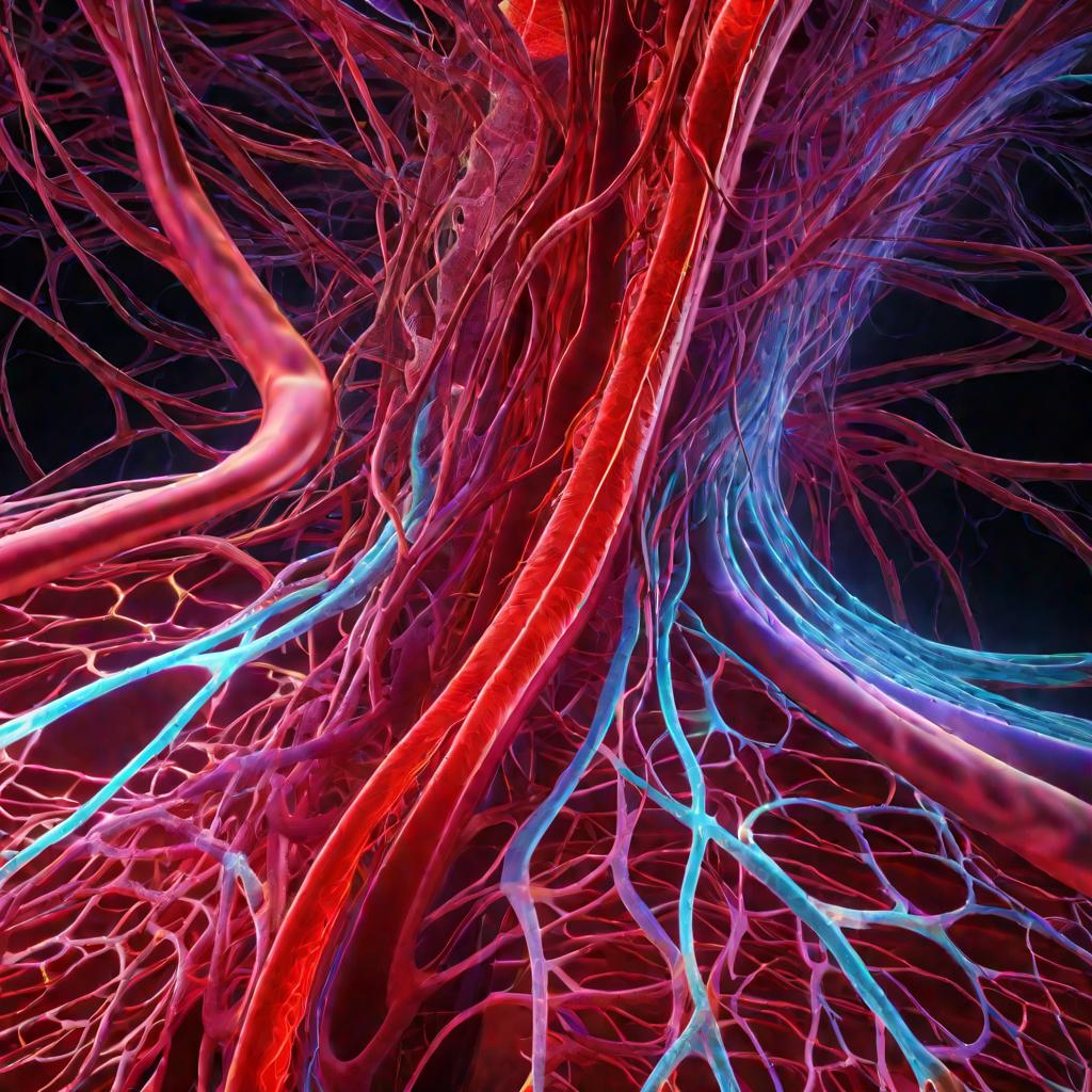 Внешний вид анатомии кровеносных сосудов шеи в ярких цветах на абстрактном фоне с подсветкой кровотока
