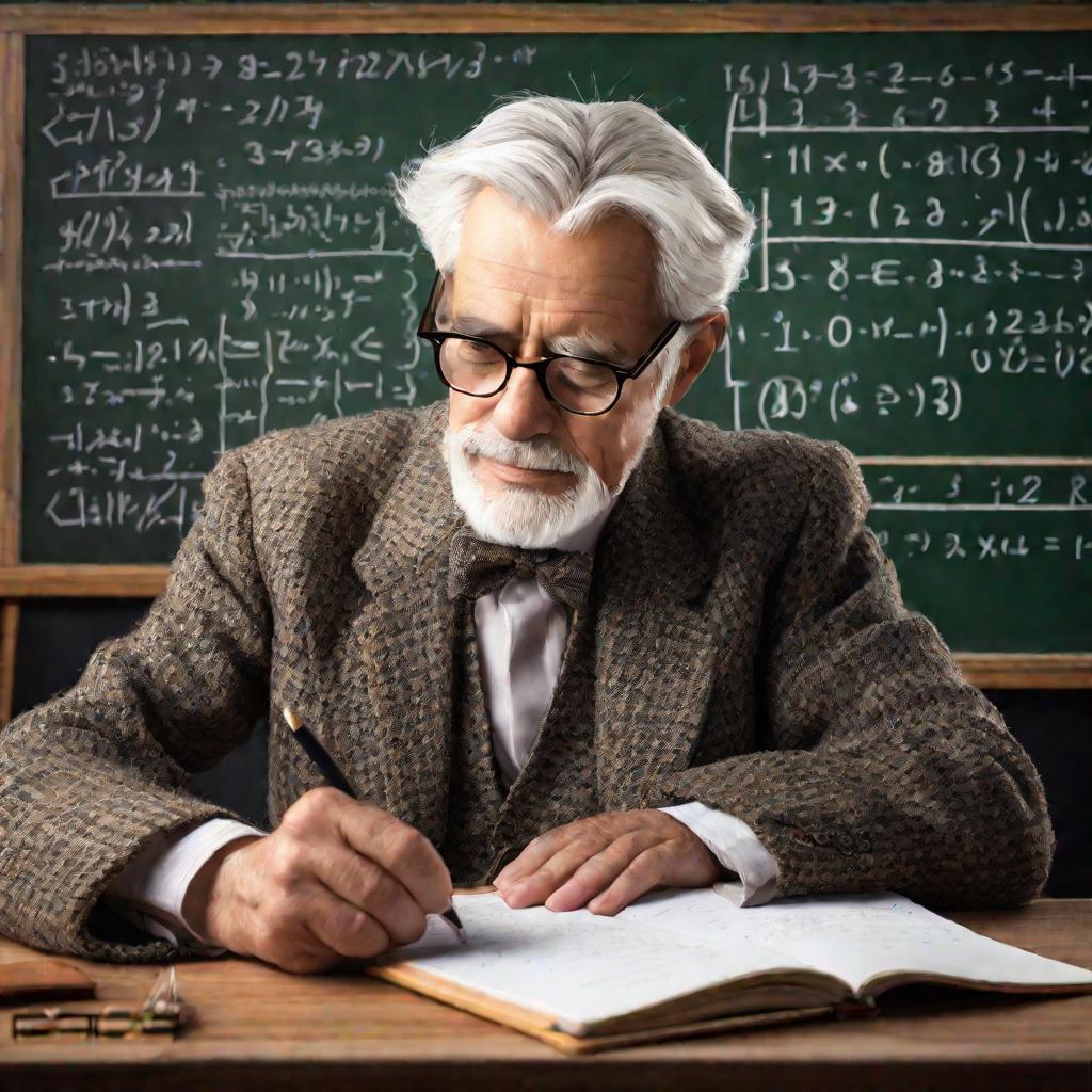 Крупный план профессора, пишущего математические формулы на доске