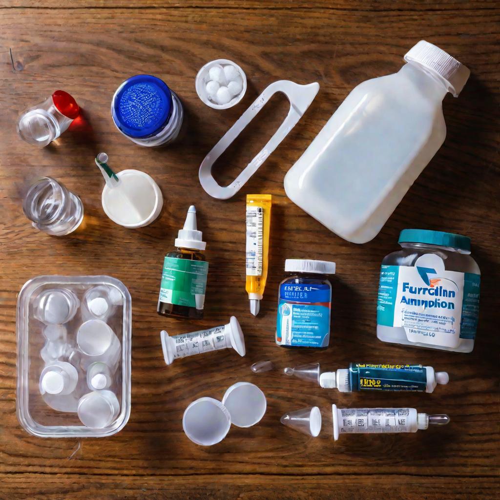 Вид сверху на различные лекарства и медицинские принадлежности, среди которых флакон с раствором фурацилина, расположенные на деревянном столе около окна