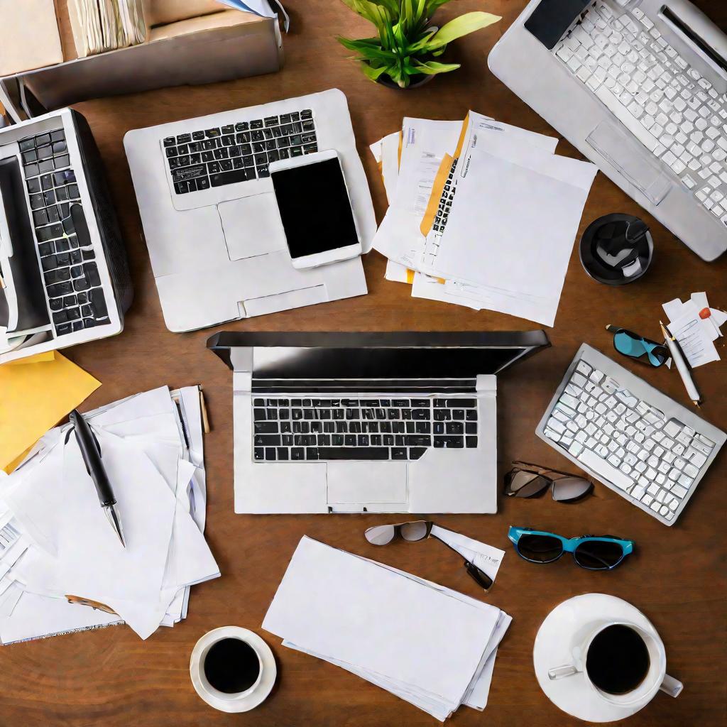 Вид сверху на рабочий стол в офисе, заваленный бумагами, с клавиатурой и монитором компьютера, создающий впечатление загруженного рабочего места.