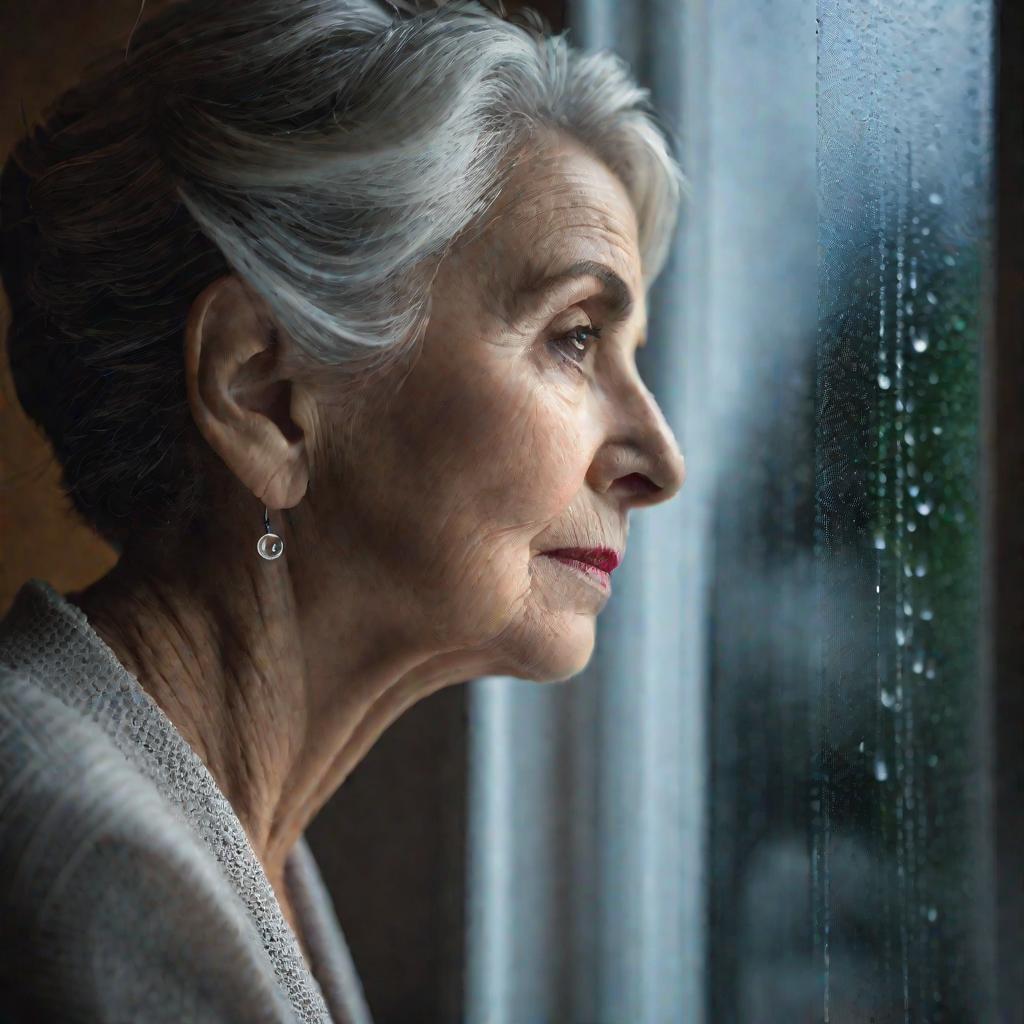 Пожилая женщина в кислородной маске смотрит в окно
