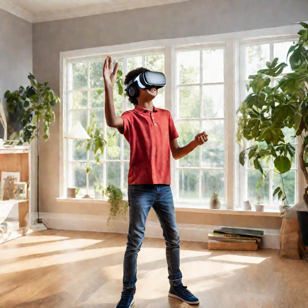 Подросток в шлеме виртуальной реальности с улыбкой имитирует игровые движения в солнечной комнате