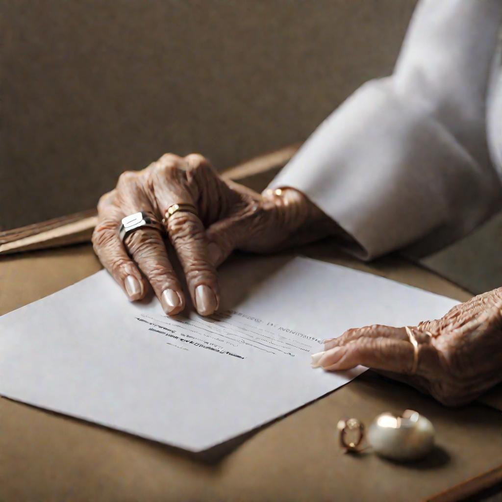 Крупным планом с мягким фокусом рука пожилой женщины в браслете и обручальном кольце держит бумагу с названием