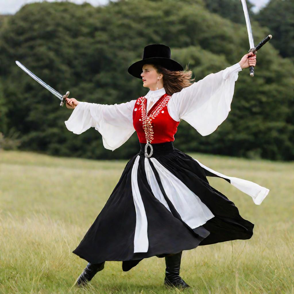Танец женщины в народном костюме с мечами на лугу