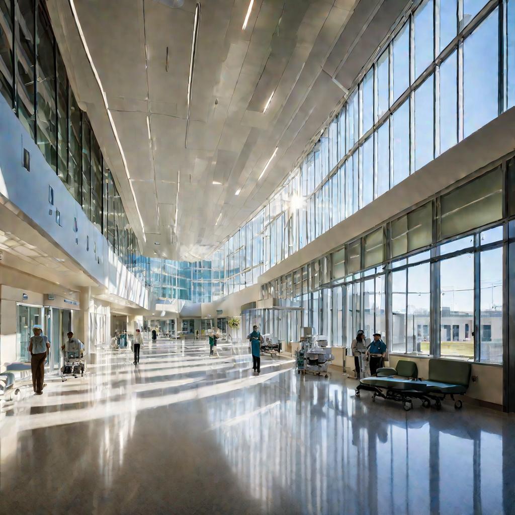 Светлый просторный коридор современной больницы с большими окнами