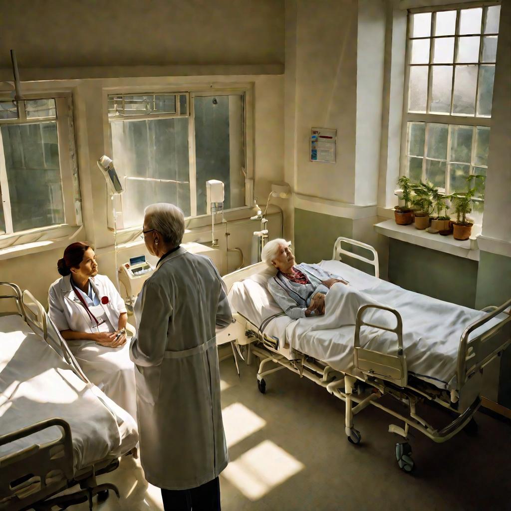 Больничная палата, пациенты, врач у постели пожилого мужчины, который испытывает дискомфорт из-за ложных позывов