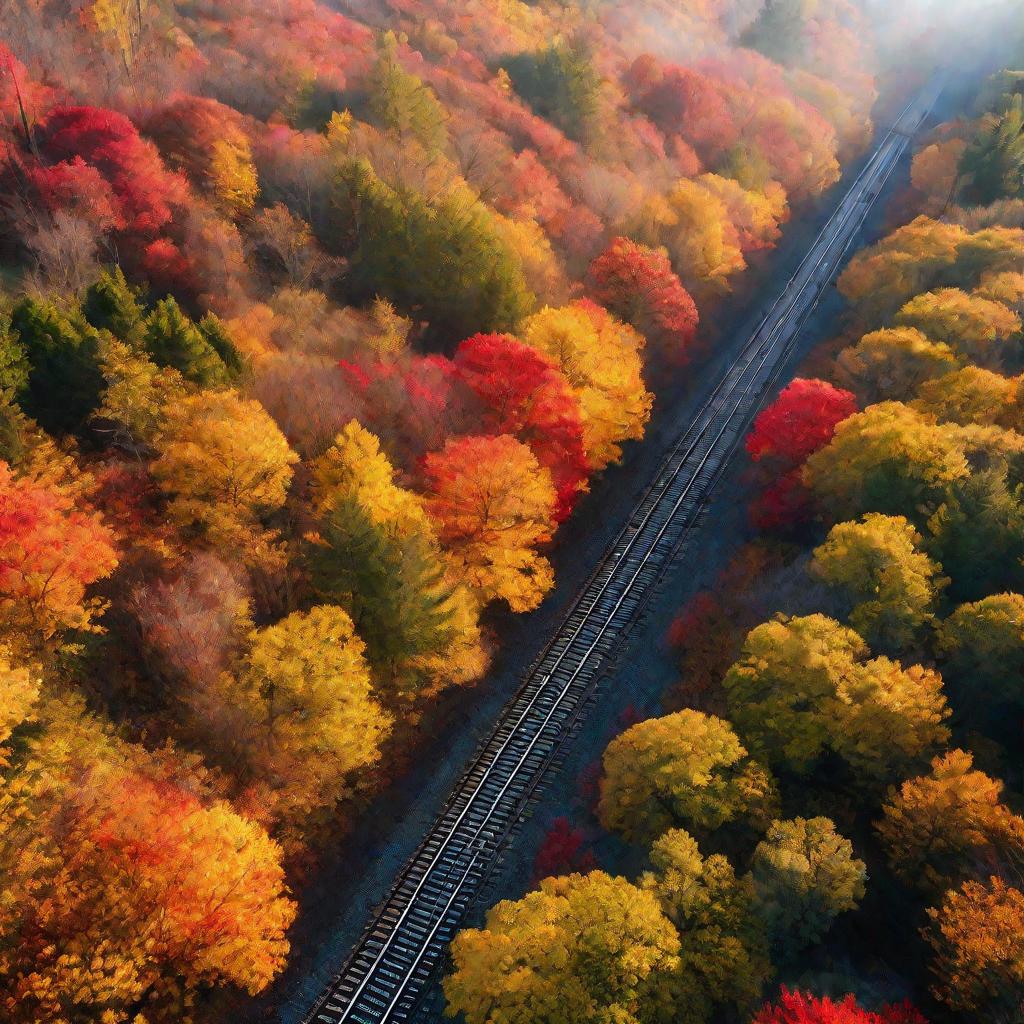 Вид сверху на железнодорожные пути, уходящие в осенний пейзаж. Пути окружены кронами деревьев с красными, оранжевыми и желтыми листьями. Сквозь ветви пробивается теплый солнечный свет. Вдалеке туманные горы.