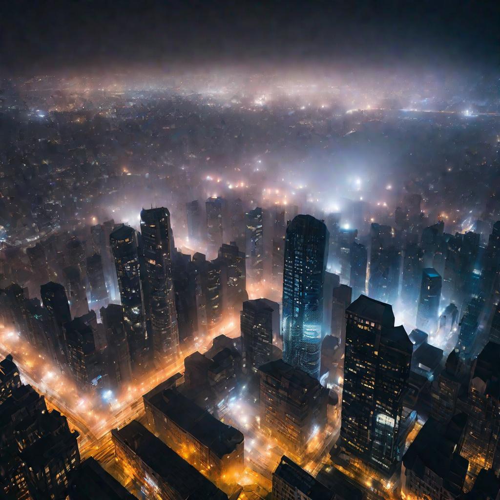 Ночной город в тумане с сияющими огнями, символизирующими открытия.