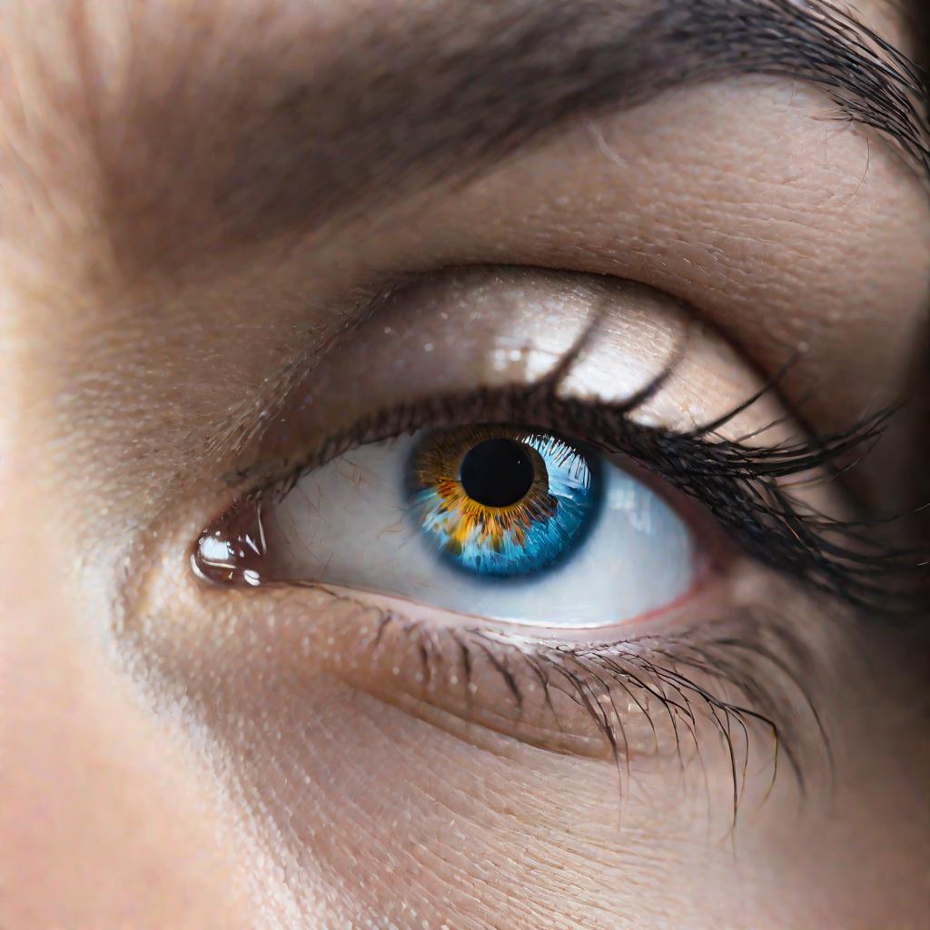 Близкий крупный кадр глаза женщины с отражением в зрачке бутылки антидепрессантов и стакана воды