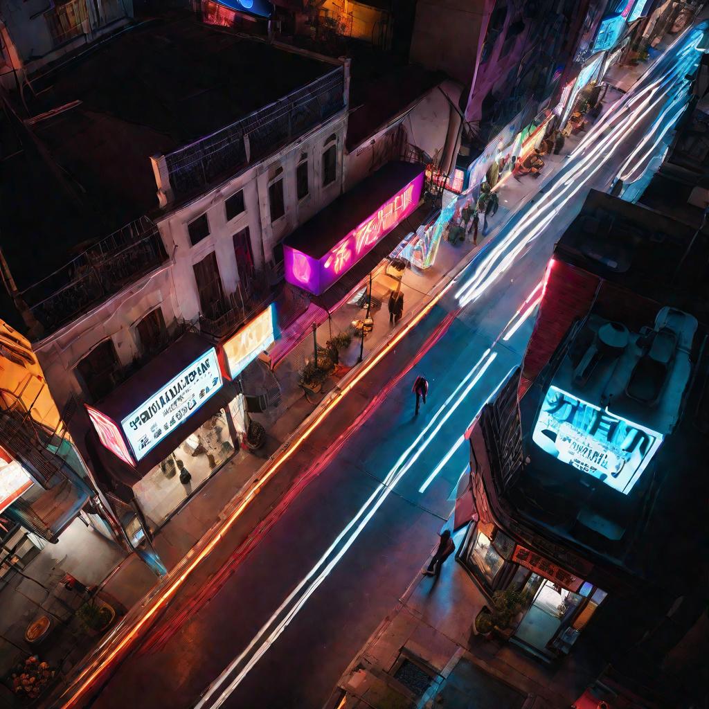Сверху вид на ночную улицу, где молодой человек идет, пошатываясь, мимо ярких неоновых вывесок