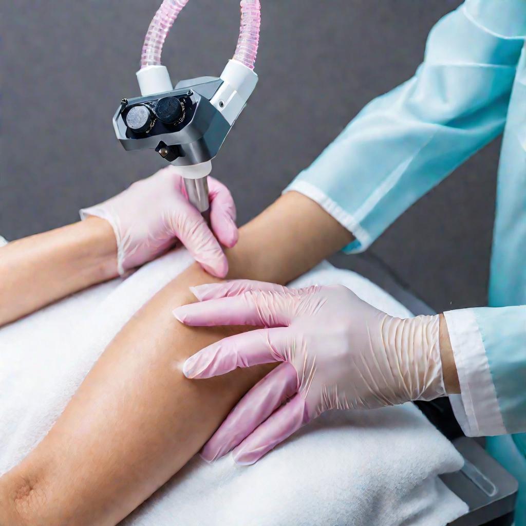 Женщина-дерматолог удаляет новообразование на руке пациентки с помощью лазерной установки