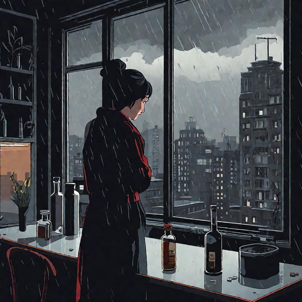 Одинокая женщина смотрит в окно квартиры