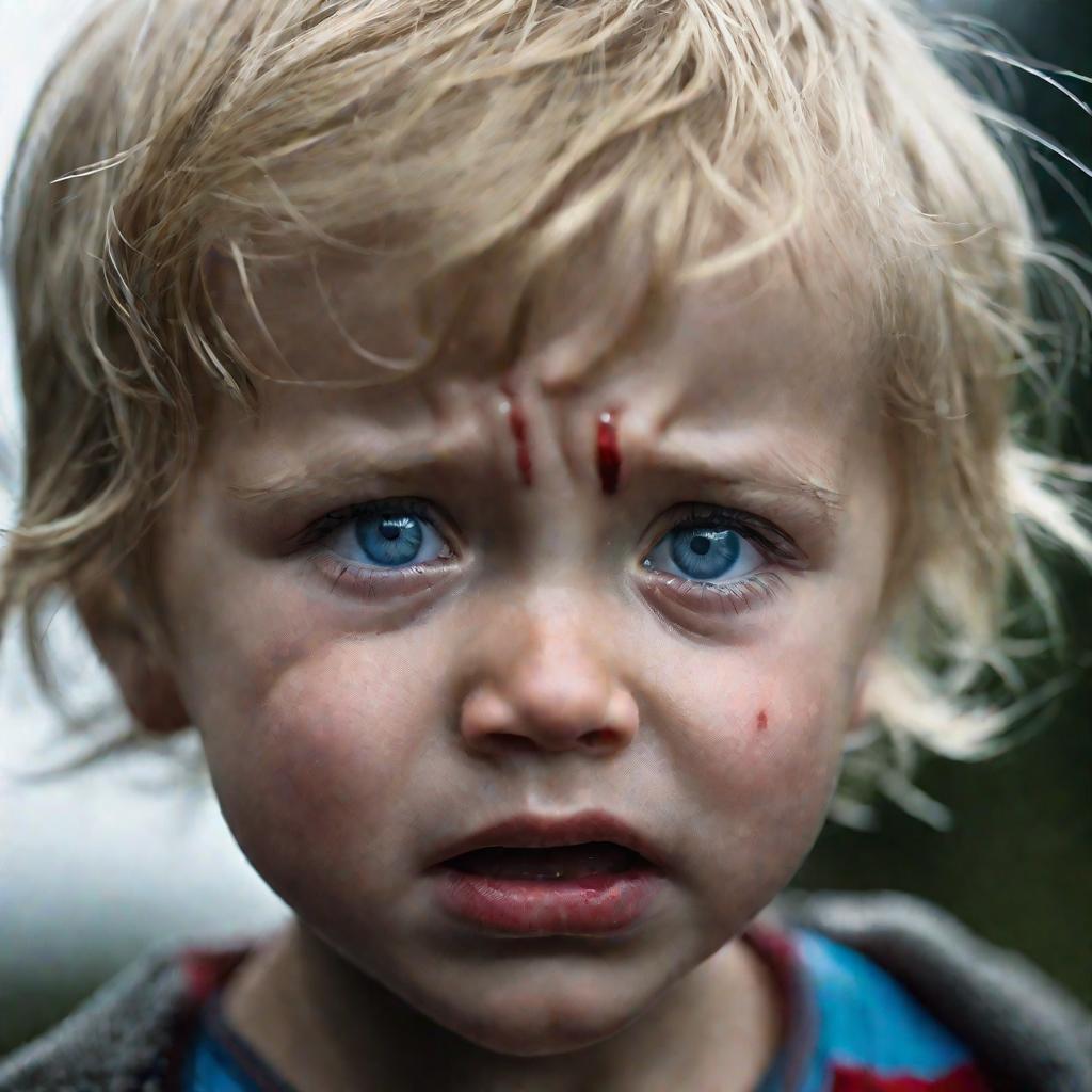 Портрет плачущего ребенка с синяком на колене