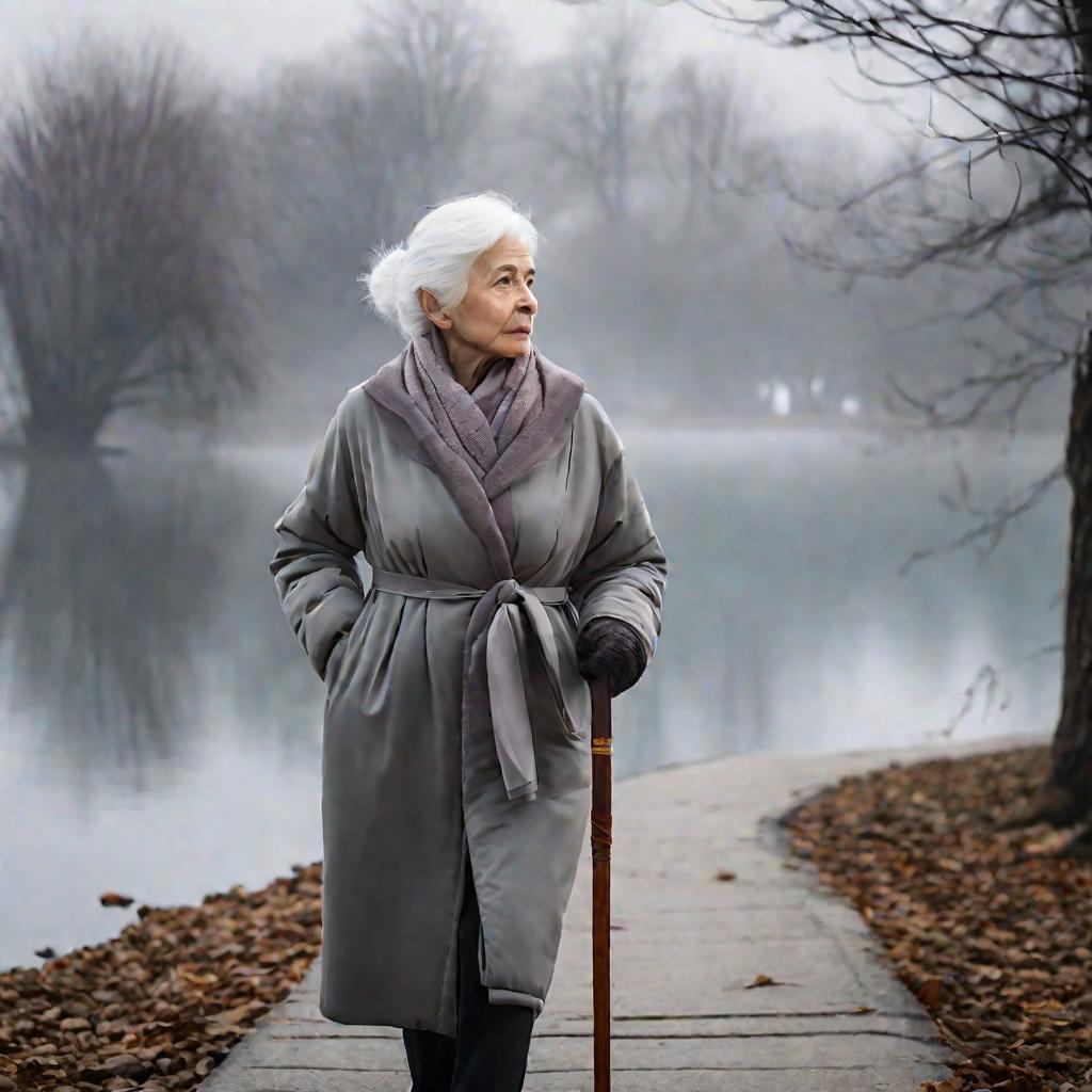 Пожилая женщина медленно идет по дорожке у озера