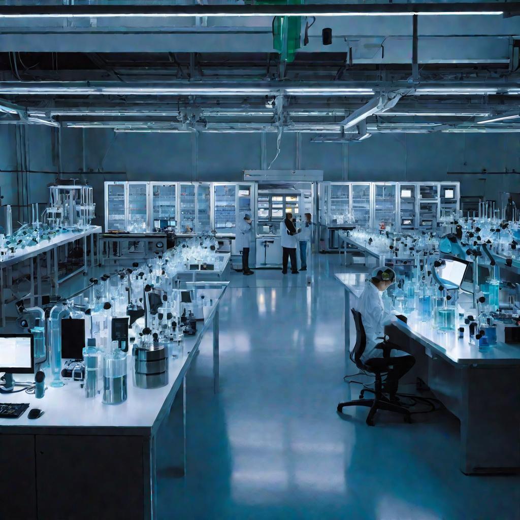 Вид сверху на современную лабораторию, заполненную передовым светящимся оборудованием. Андроиды-техники контролируют ход автоматизированного аналитического процесса.