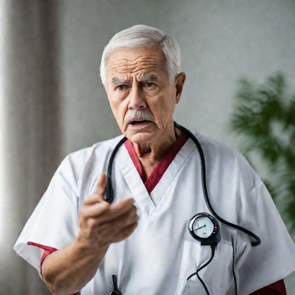 Пожилой мужчина в больничной одежде с обеспокоенным выражением лица