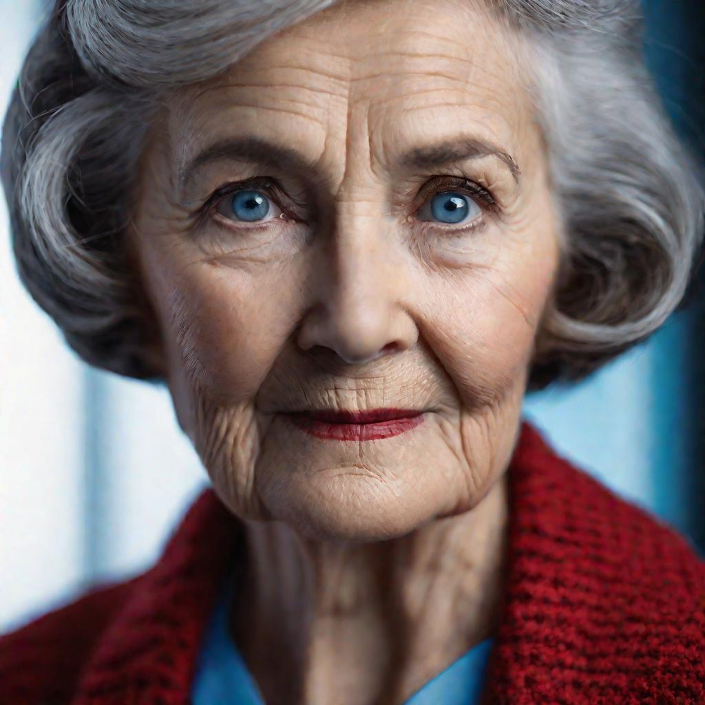 Пожилая женщина с серьезным выражением лица смотрит прямо в камеру, ее тепло освещает боковой свет на темном фоне