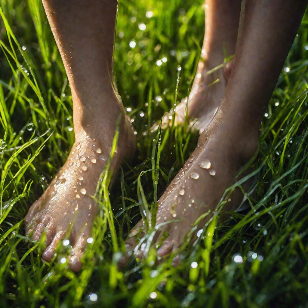 Мокрая от росы трава и две босые ноги
