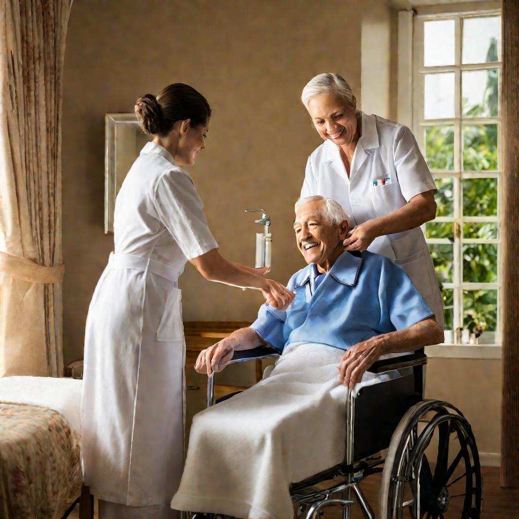 Медсестра делает пожилому мужчине гигиеническую ванну на дому