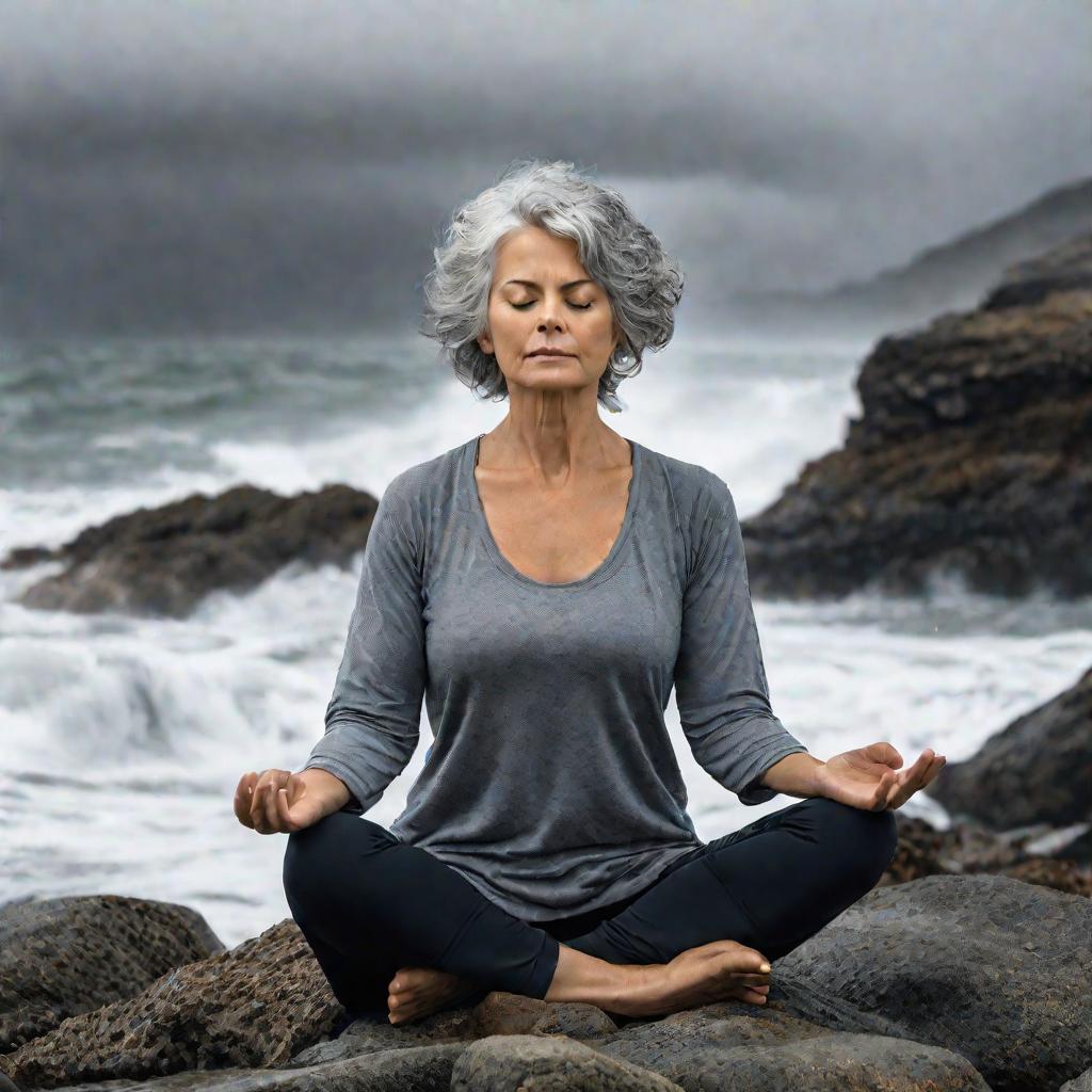 Женщина с седыми волосами медитирует на берегу моря