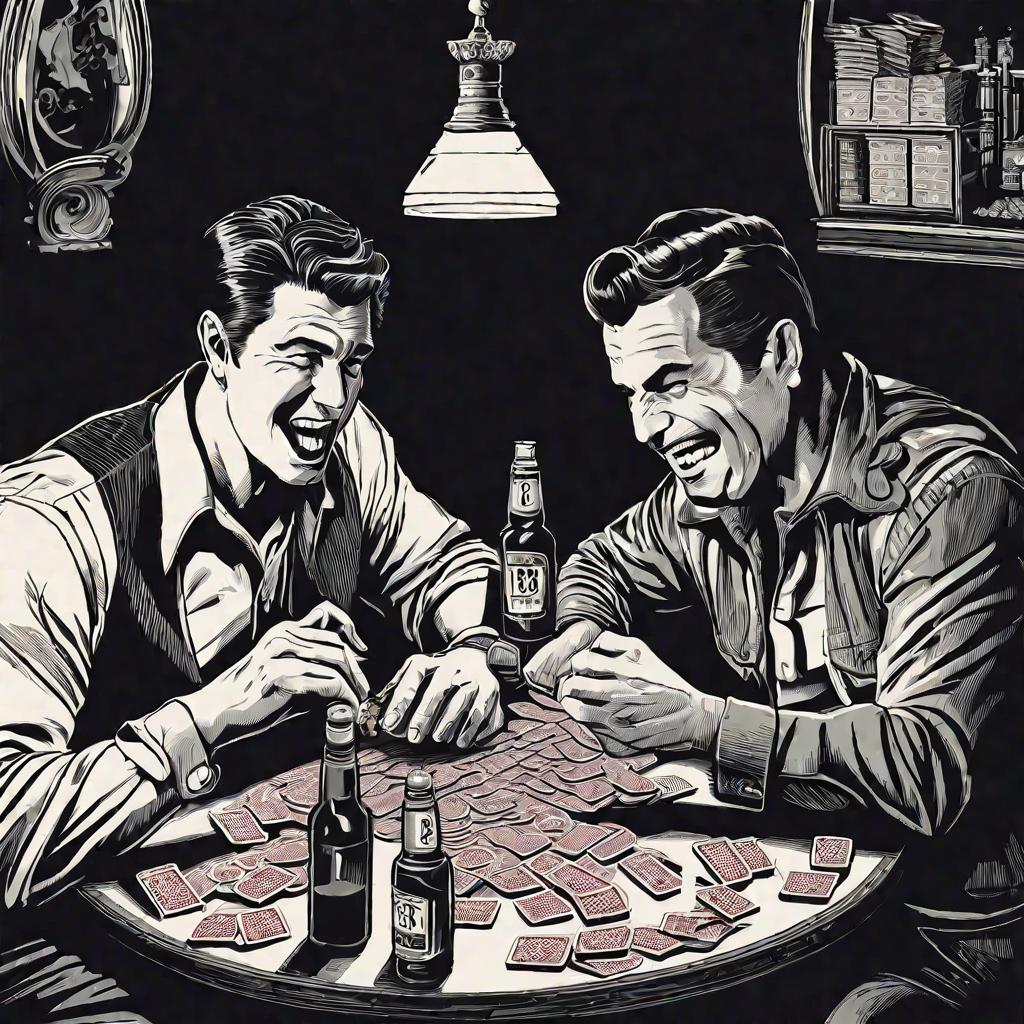 Двое мужчин играют в карты ночью, один кричит «Баста!»