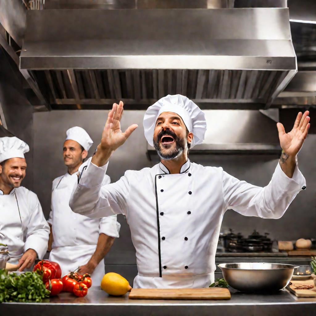 Итальянский повар в переполненной кухне машет рукой и произносит «Баста!», показывая, что устал