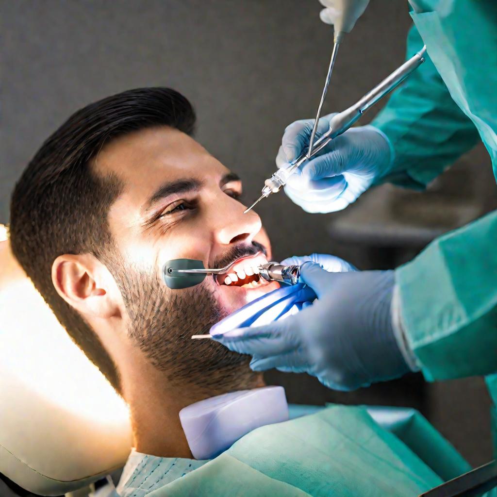 Стоматолог сверлит зуб пациента