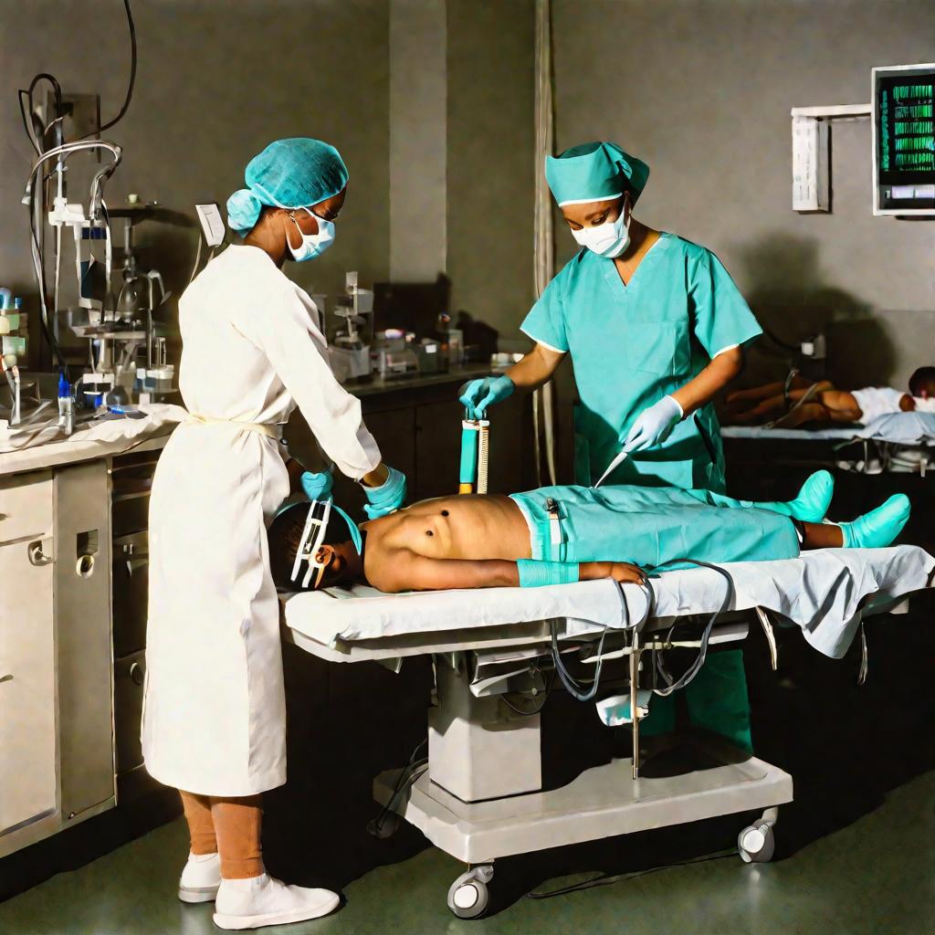 Широкий освещенный операционный зал, где детский хирург в маске и халате оперирует под наркозом мальчика дошкольного возраста - дренирует абсцесс, вызванный парапроктитом. Нижняя часть тела ребенка закрыта простыней, рядом с операционным столом медсестра 