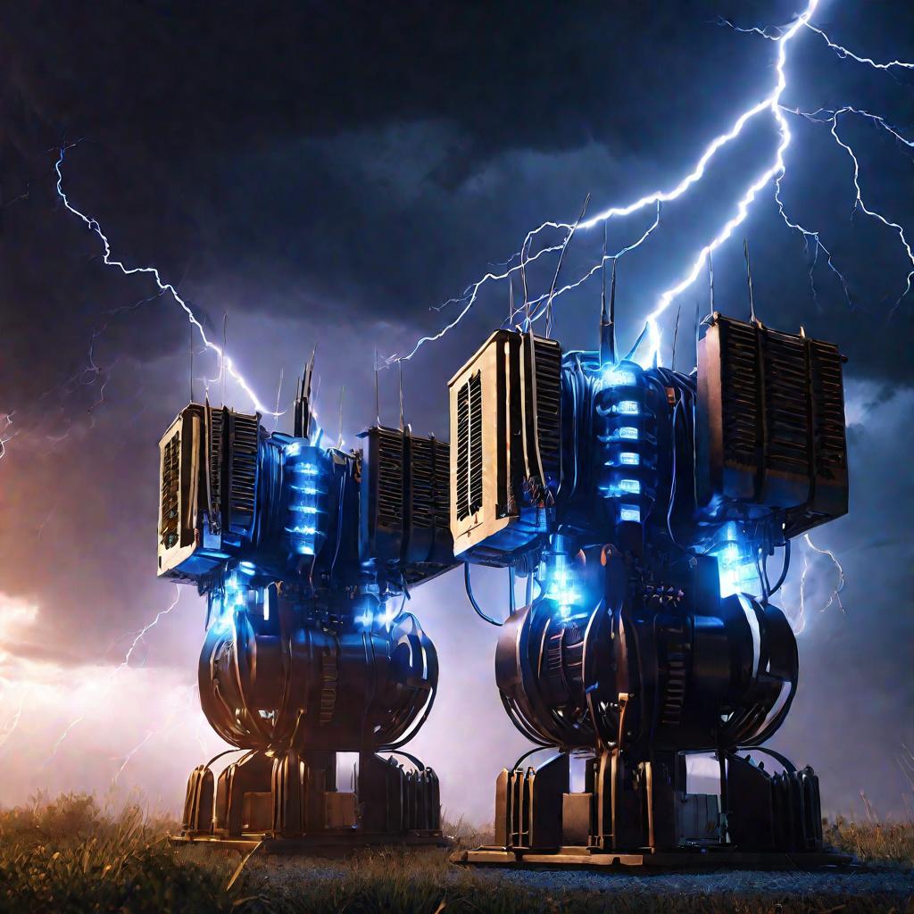 Близкий крупный план силовых трансформаторов с электрическими разрядами на фоне грозы