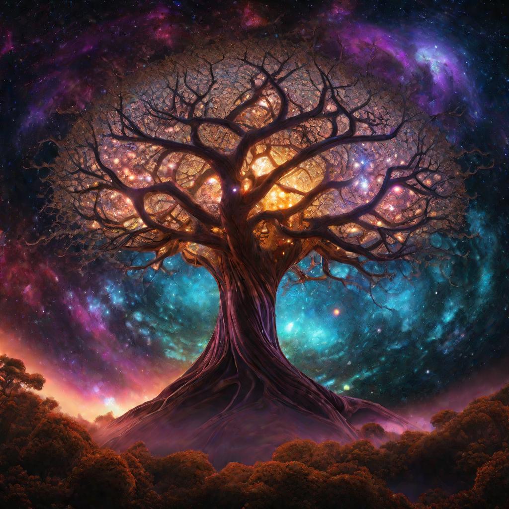 Мистическое фрактальное дерево, окруженное уравнениями, на фоне космоса